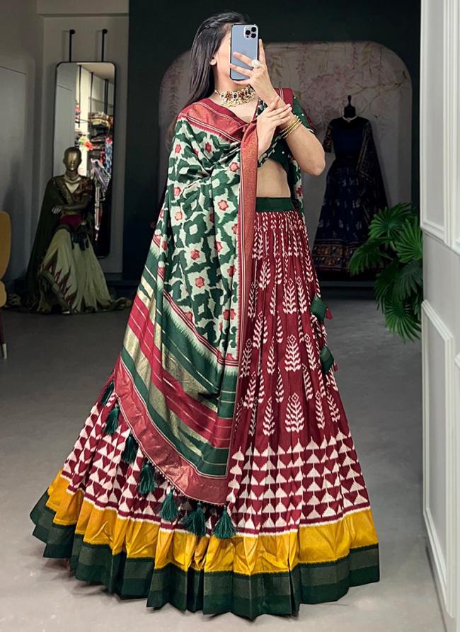 Tussar Silk Maroon Traditional Wear Printed Lehenga Choli